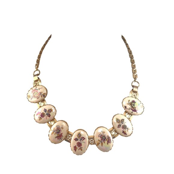 Floral Hand Painted Irredescent Porcelain Panel Necklace With Gold-Tone Chain - Picture 4 of 8